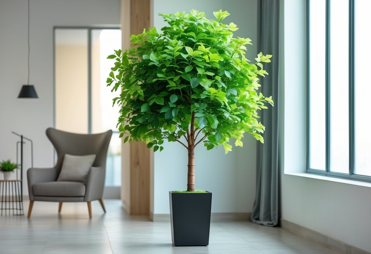 An indoor scene showing a tall artificial tree in a pot next to a window with natural light, surrounded by modern furniture.