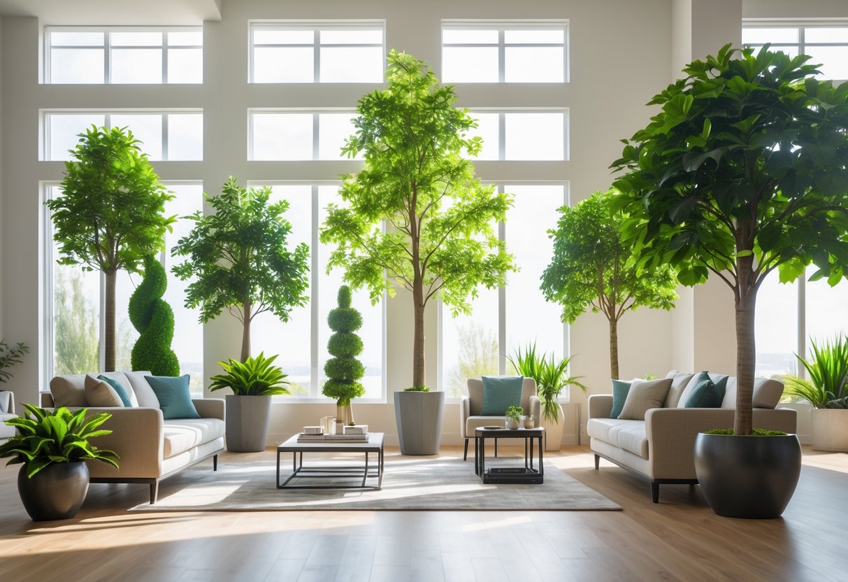 A bright indoor room with several lifelike artificial trees in pots, surrounded by modern furniture and natural light from large windows.