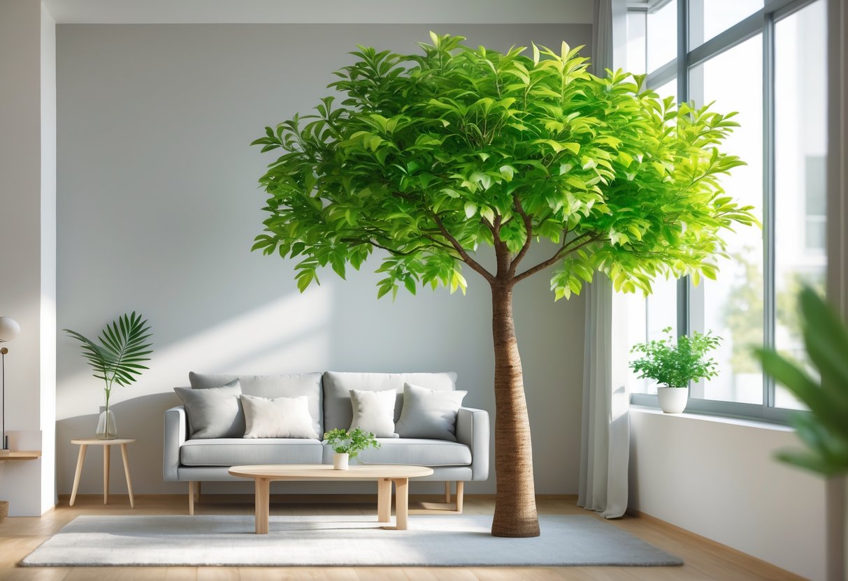 A modern living room with a large artificial indoor tree near a window, surrounded by a sofa and coffee table.