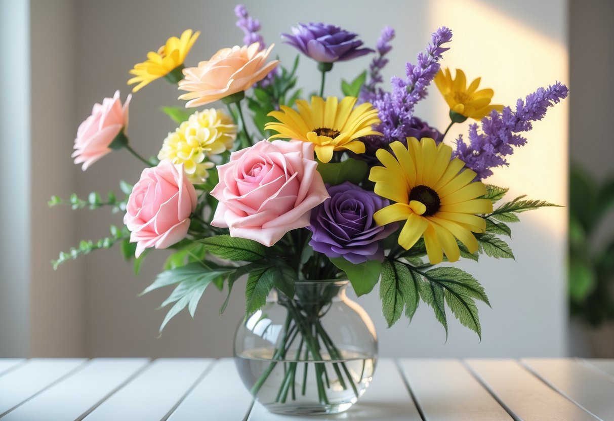 A bouquet of colourful artificial flowers in a glass vase on a white table indoors.