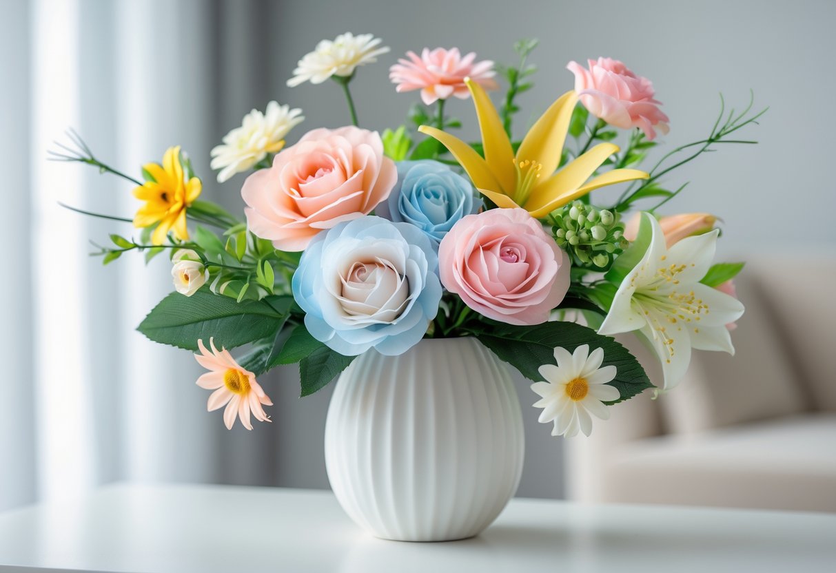 A close-up of a colourful arrangement of artificial flowers in a vase on a white surface.