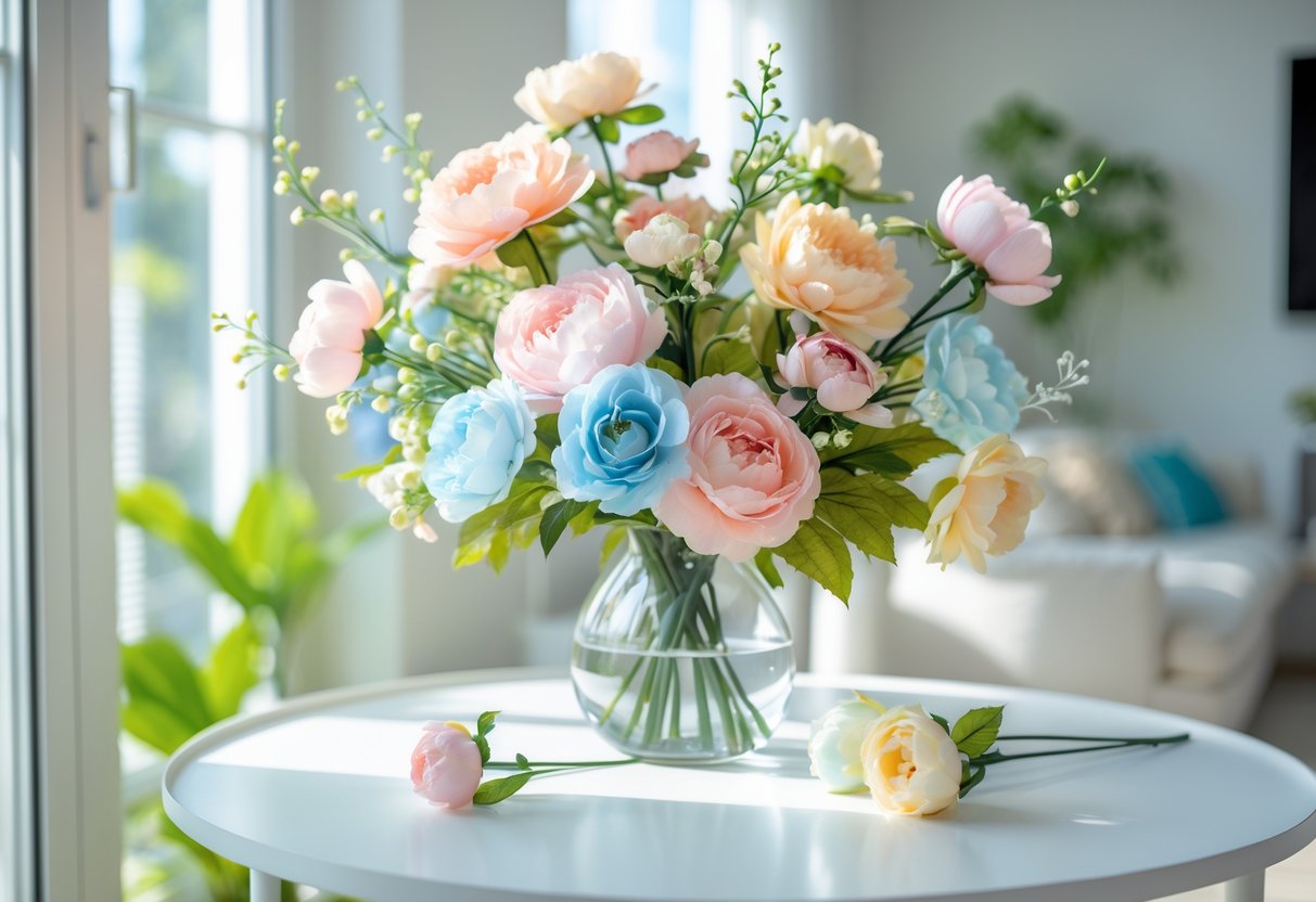 A colourful arrangement of artificial flowers in a glass vase on a white table with natural light coming through a window in a modern room.