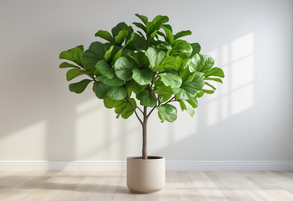 An artificial fiddle leaf fig tree in a neutral pot standing on a wooden floor inside a bright room with a plain light-coloured wall.