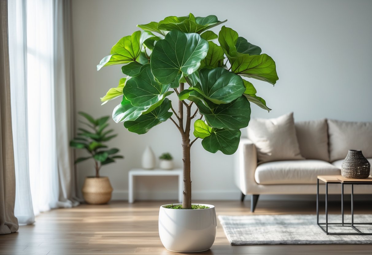 Artificial fiddle leaf fig tree in a white pot inside a modern living room near a window with natural light.