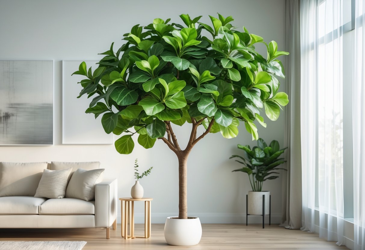 Artificial fiddle leaf fig tree in a bright living room near a window with modern furniture around it.