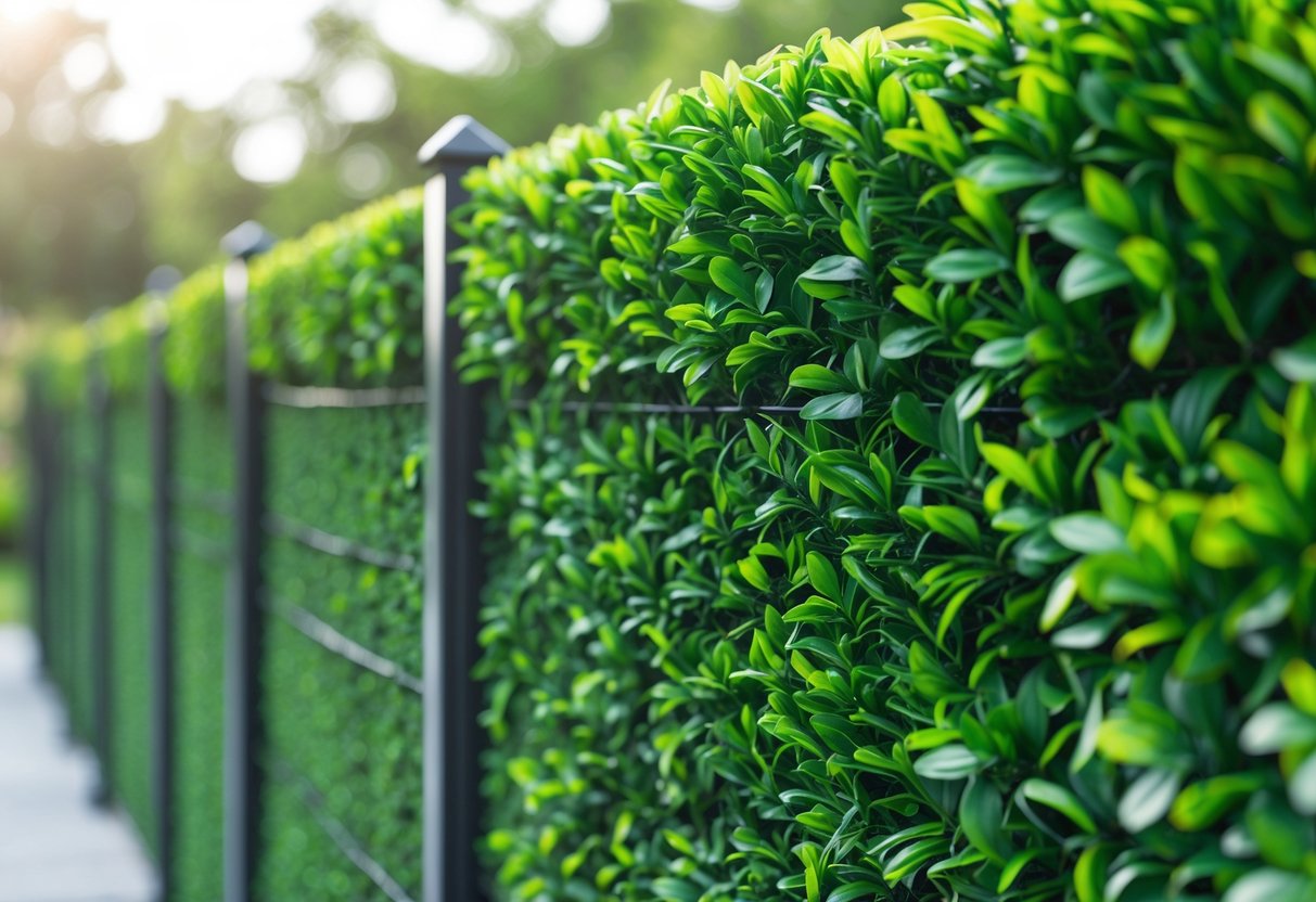 A close-up view of a dense artificial hedge fence with vibrant green leaves outdoors.