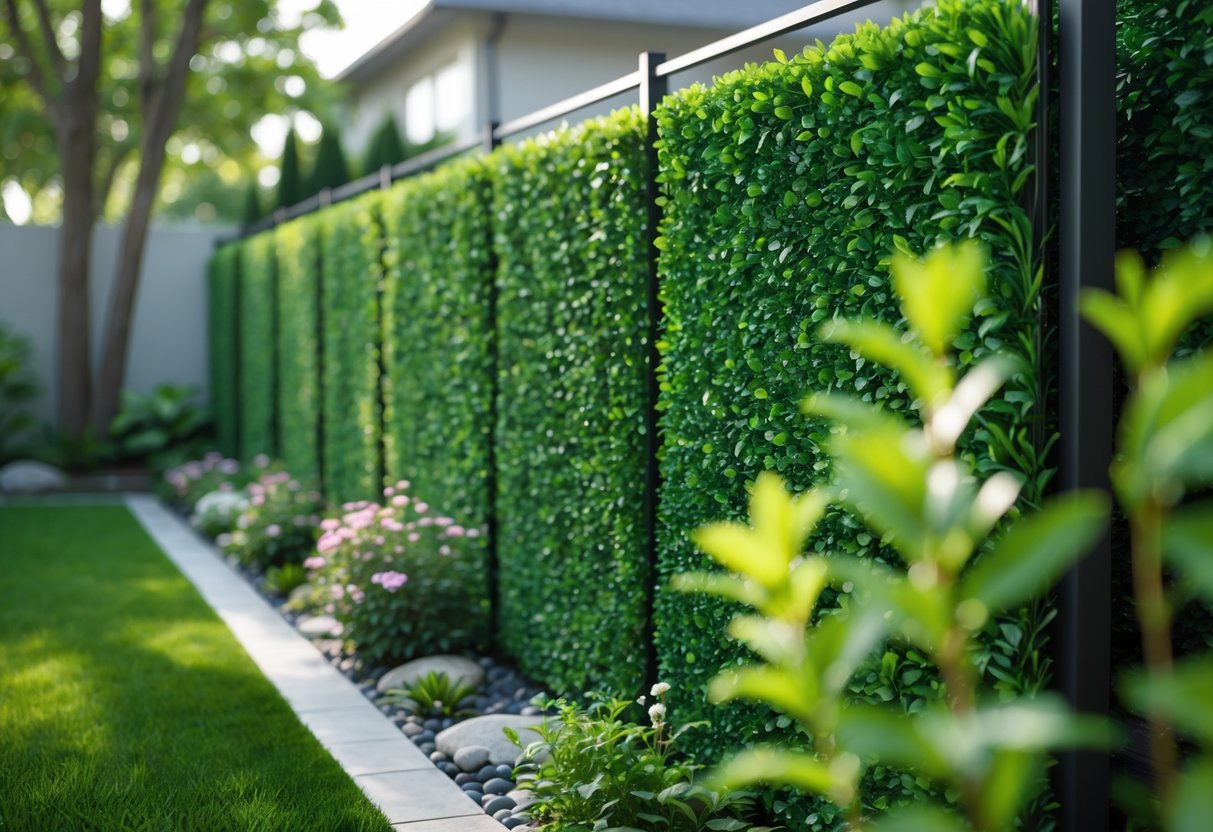 A green artificial hedge fence in a garden with plants and a lawn.