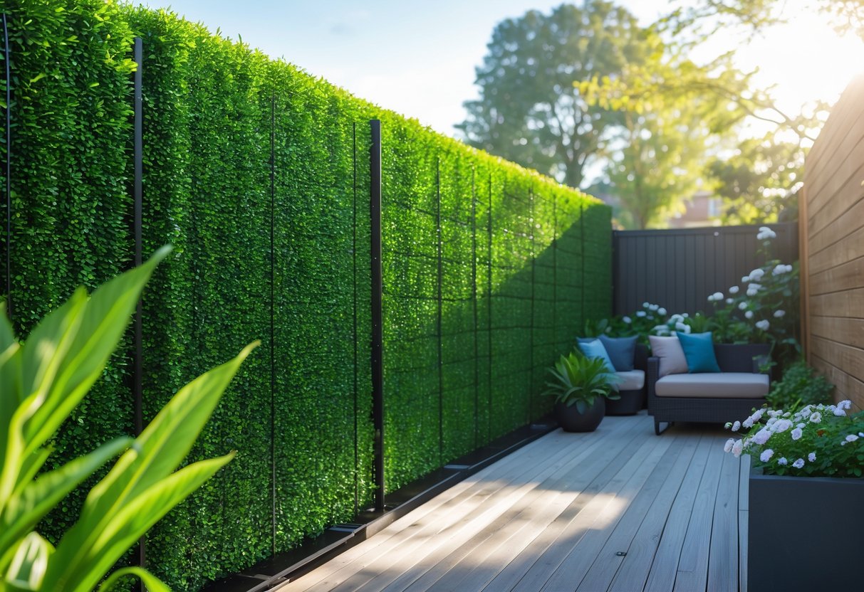 A green artificial hedge fence installed in a backyard garden with outdoor furniture and plants nearby.