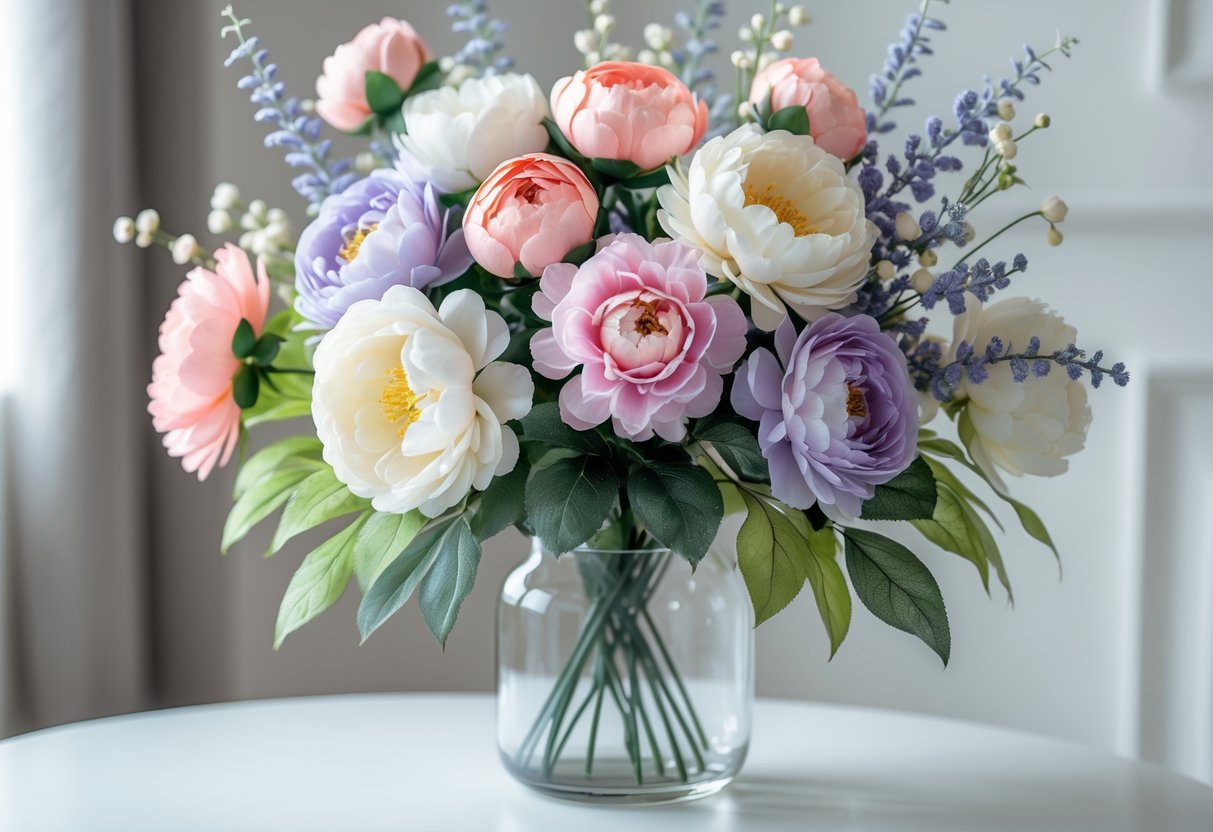 A colourful bouquet of artificial flowers arranged in a clear glass vase on a white surface.
