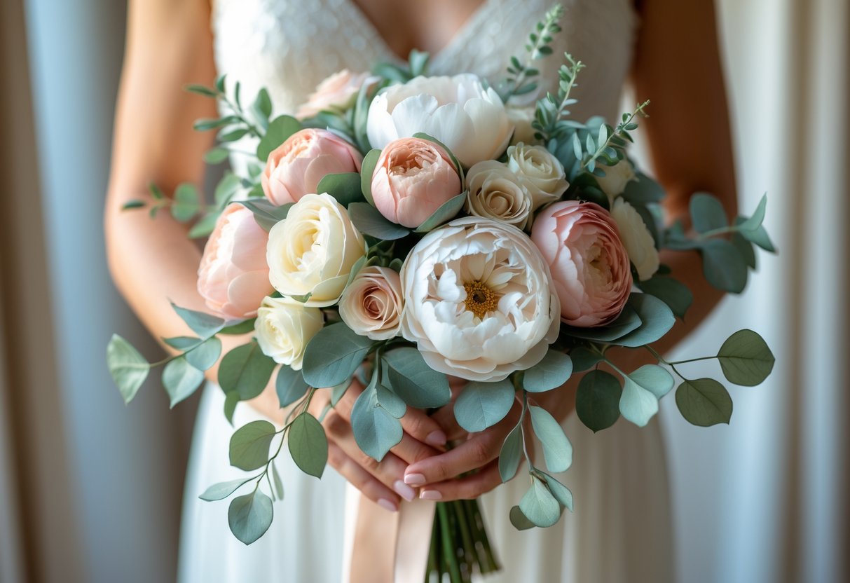 A close-up of a hand holding an artificial wedding bouquet made of silk flowers in pastel colours with green leaves.