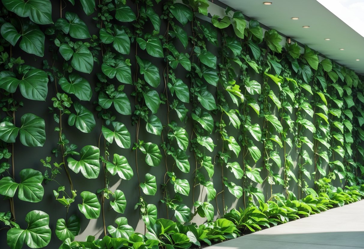 A close-up view of a green artificial vine wall with dense leaves covering a vertical surface.