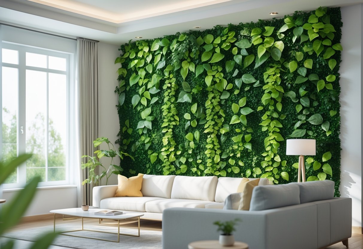 A bright living room with a lush artificial vine wall behind a sofa and coffee table.