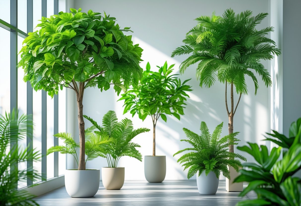 A collection of artificial green trees in pots arranged indoors near large windows with natural light.