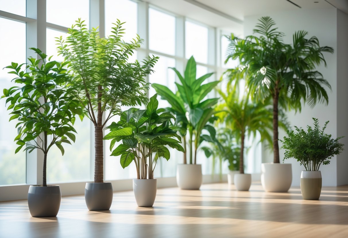 Several lifelike artificial greenery trees arranged indoors near large windows with natural light.