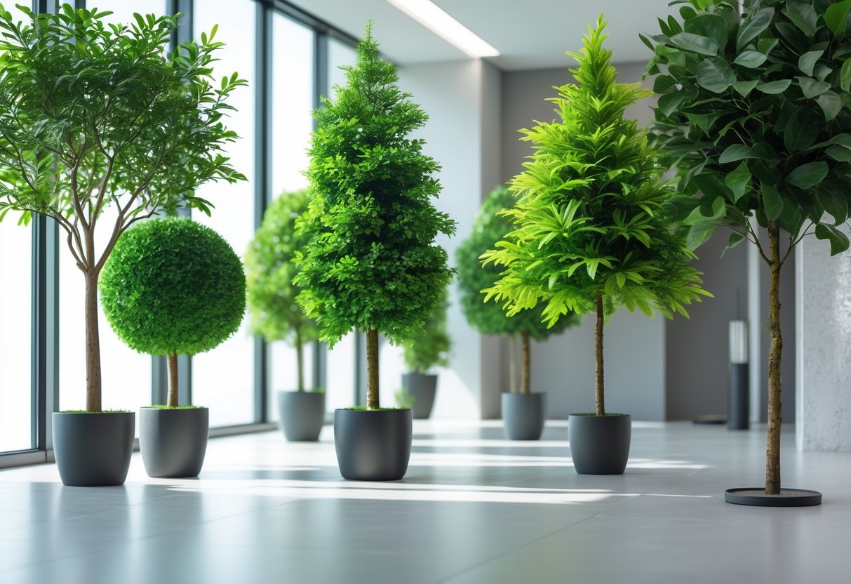 A bright indoor space with several artificial greenery trees in pots near large windows, showing different types and sizes of lush green foliage.