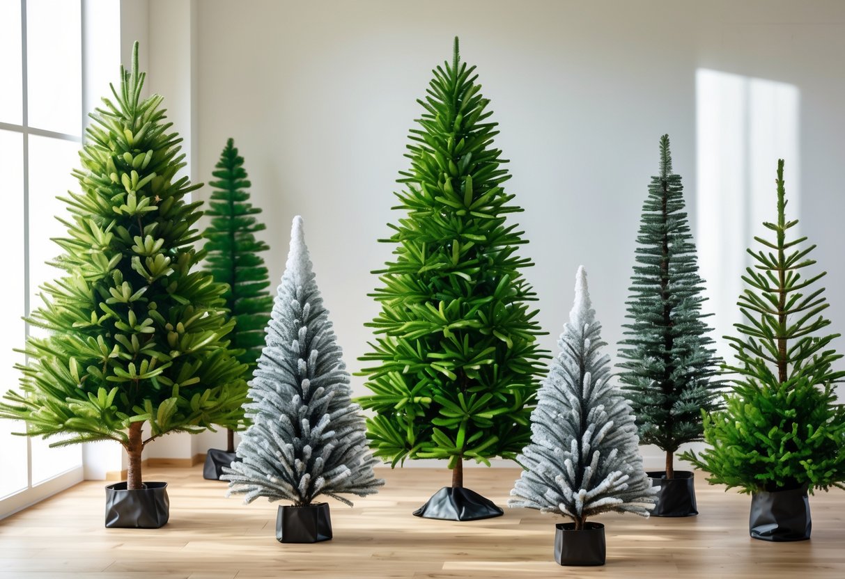 A variety of artificial pine trees of different sizes and styles displayed indoors on a wooden floor.
