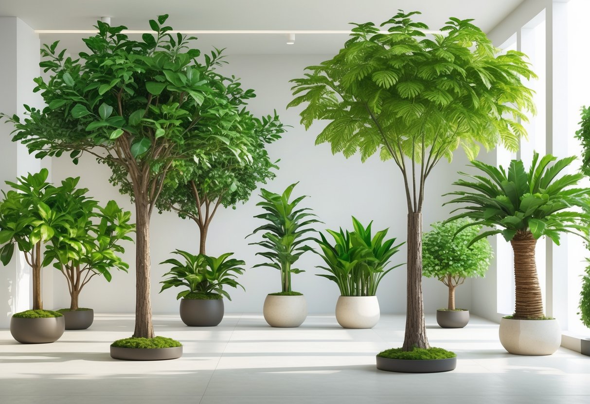 A group of lifelike artificial trees with green leaves and detailed branches arranged indoors against a plain background.