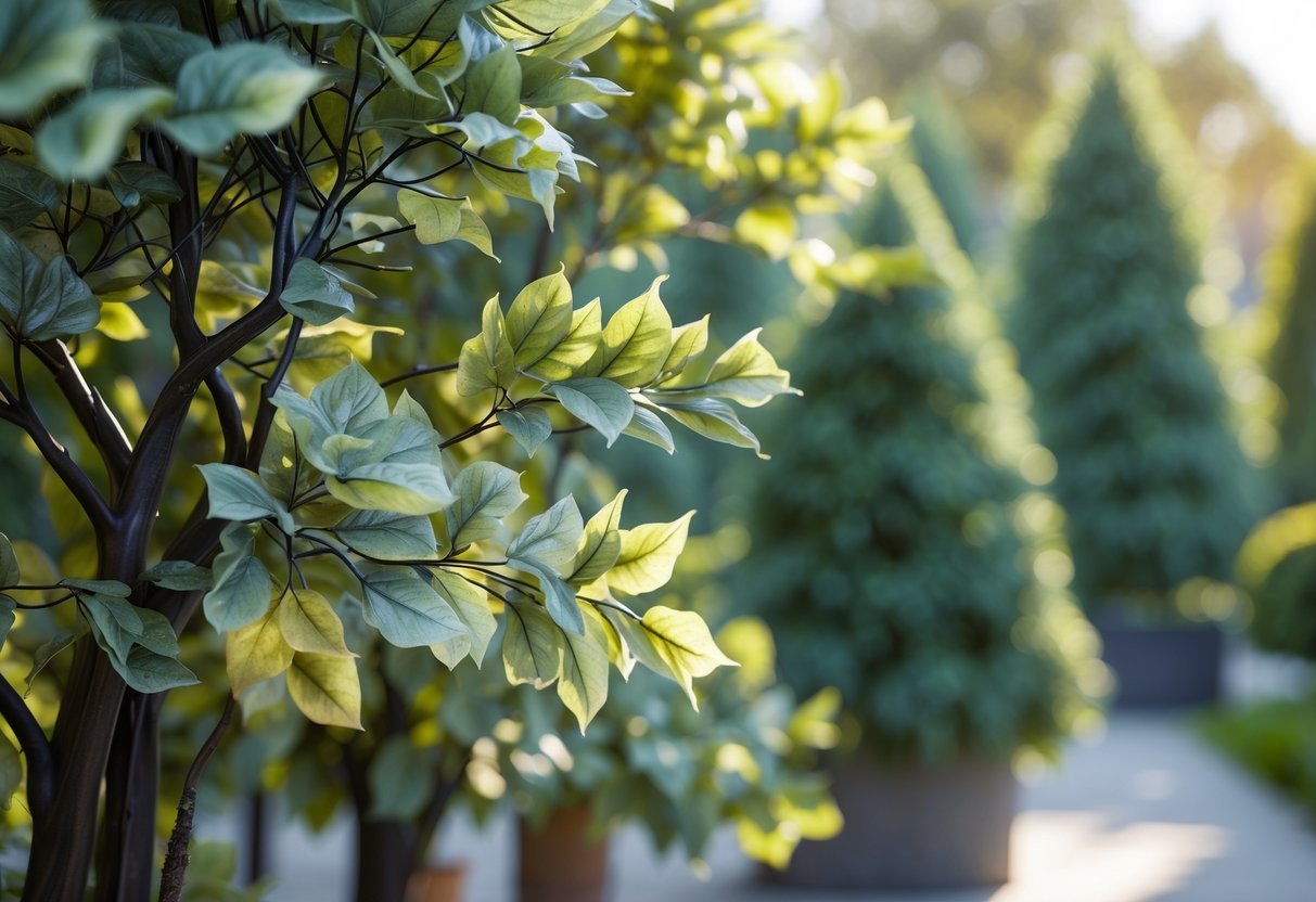 Close-up of lifelike artificial trees with detailed leaves and branches in a garden setting.