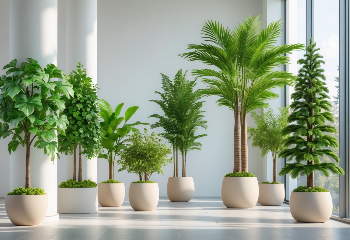 Various lifelike artificial trees in pots arranged indoors near large windows with natural light.