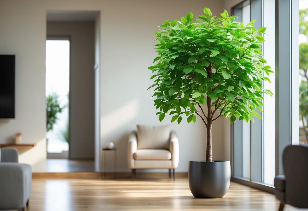 An indoor artificial tree in a modern room next to a window with natural light.