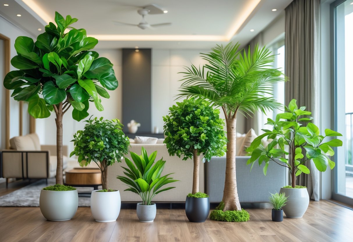 A living room with several different indoor artificial trees in pots, including a fiddle leaf fig, palm, bonsai, and rubber plant, arranged near windows and furniture.