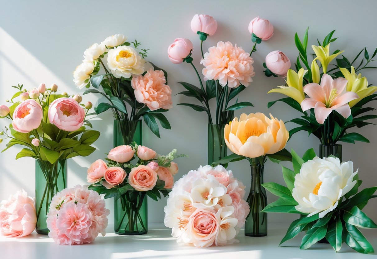 A collection of colourful artificial flower bouquets arranged on a plain background.