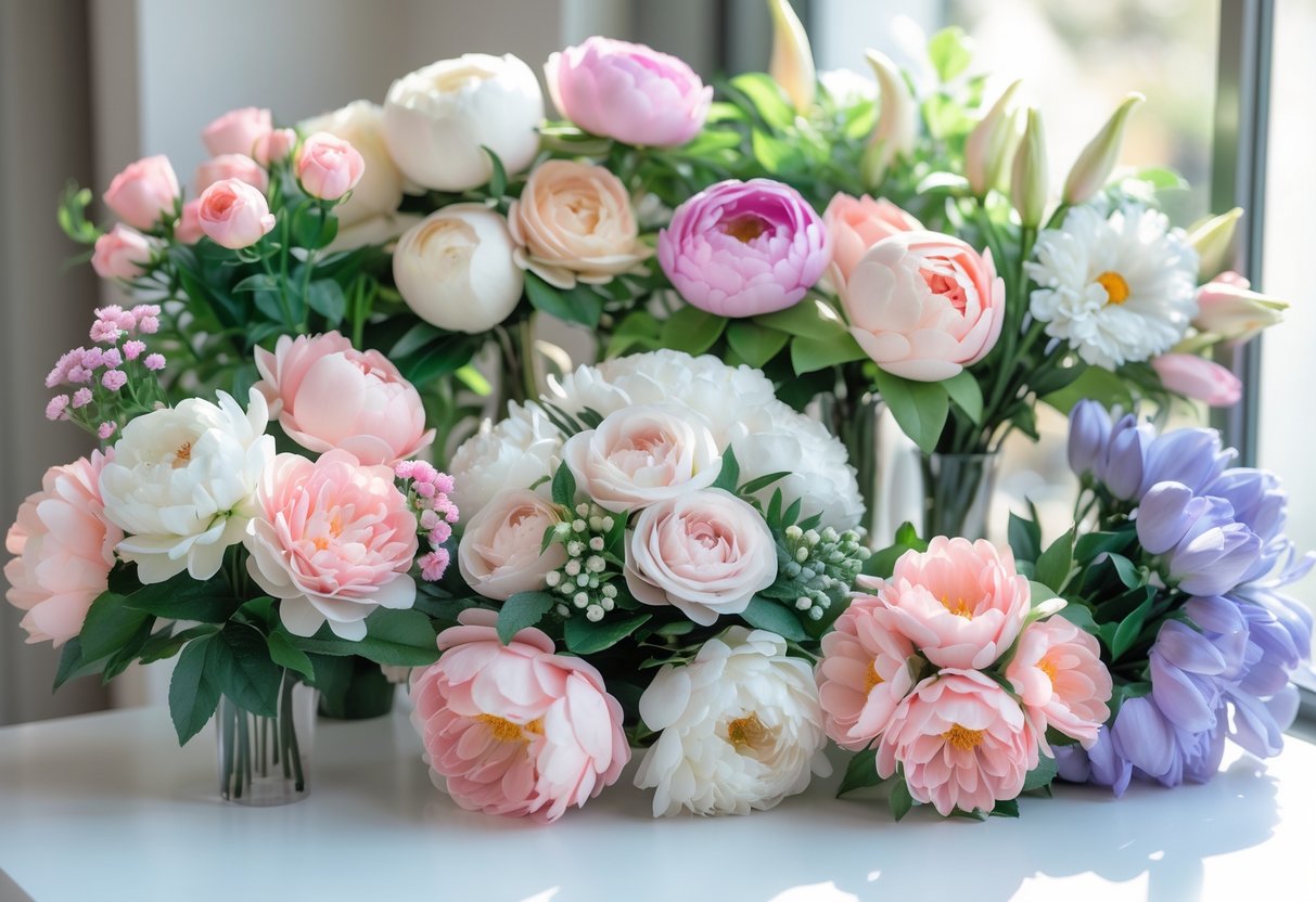 A selection of colourful artificial flower bouquets arranged on a white surface with soft natural light.