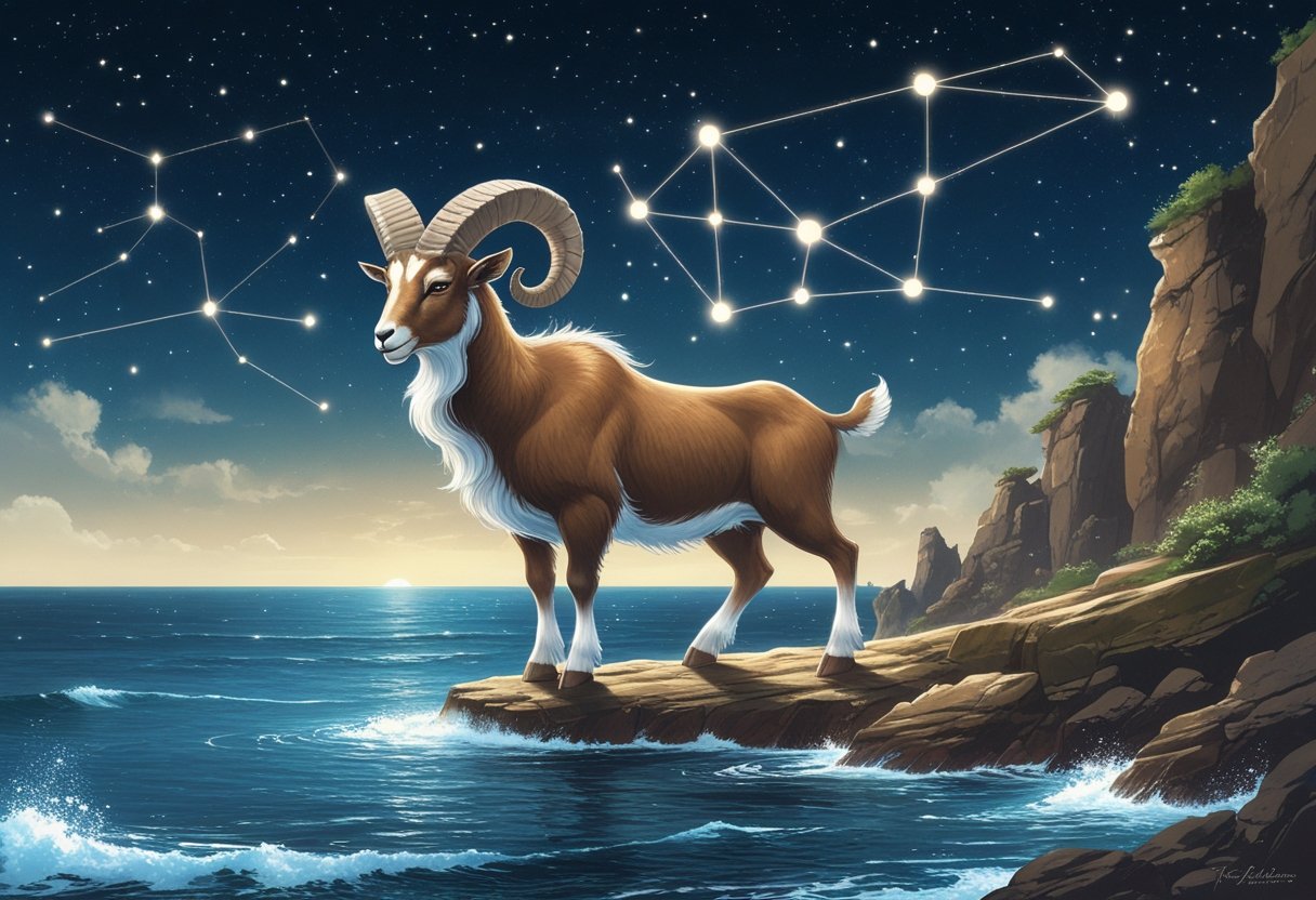 Ilustração de uma criatura metade bode, metade peixe, em penhascos à beira do mar sob um céu estrelado com a constelação de Capricórnio visível.