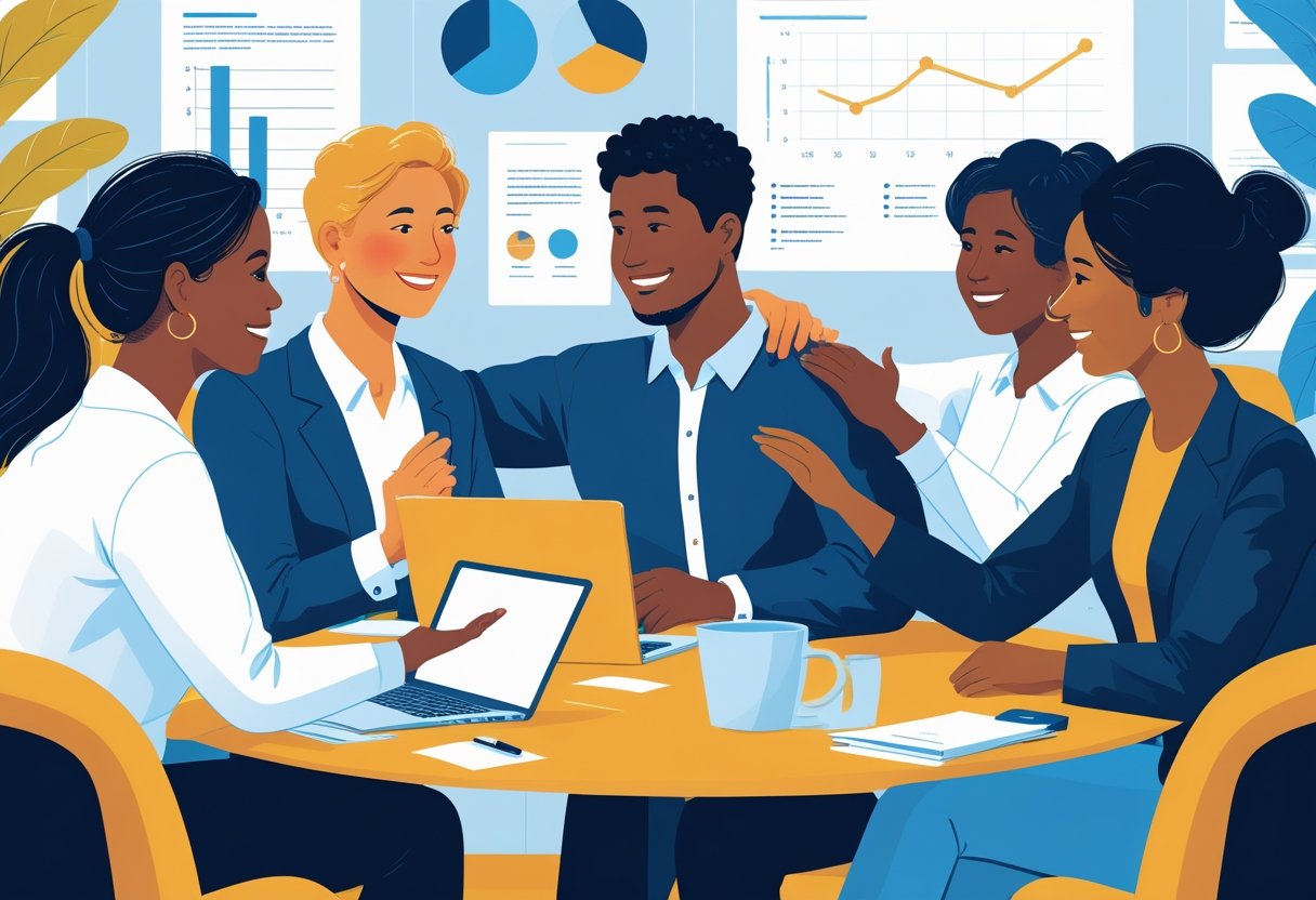 A group of coworkers in an office having a supportive and collaborative discussion, showing empathy and positive interaction.