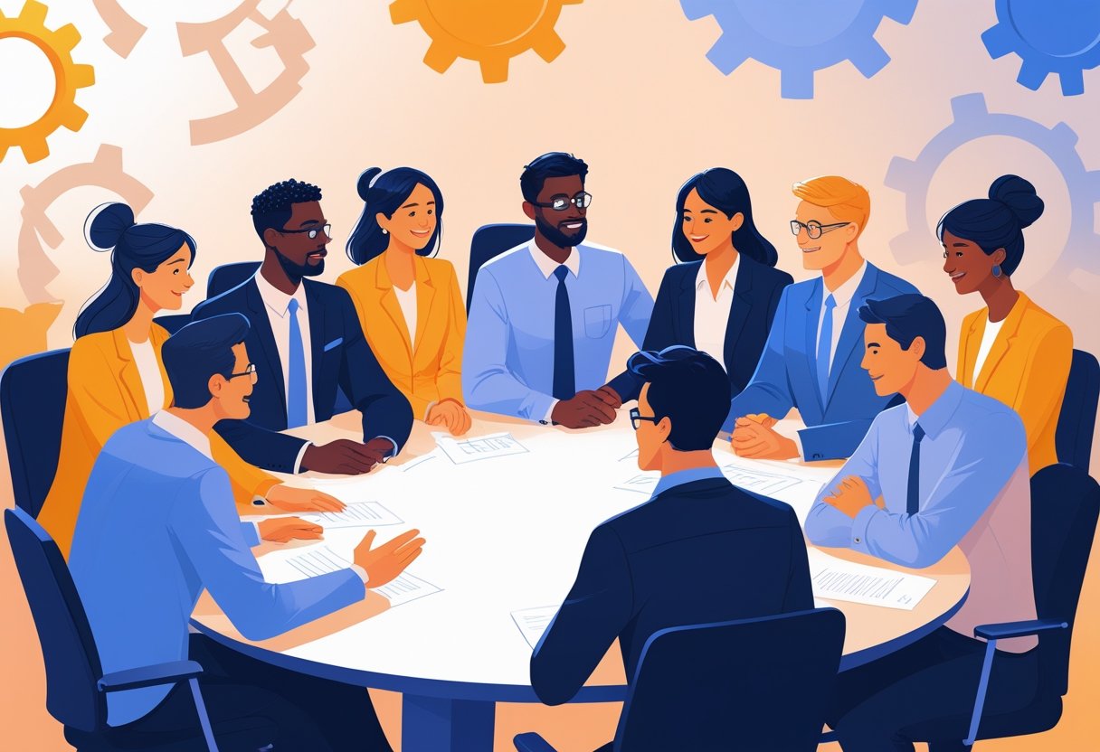 A diverse group of business people engaged in a collaborative meeting, showing attentive and supportive interactions around a conference table.