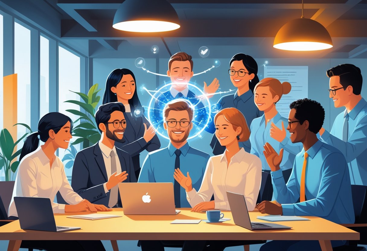 A group of diverse office workers collaborating and supporting each other in a positive work environment.