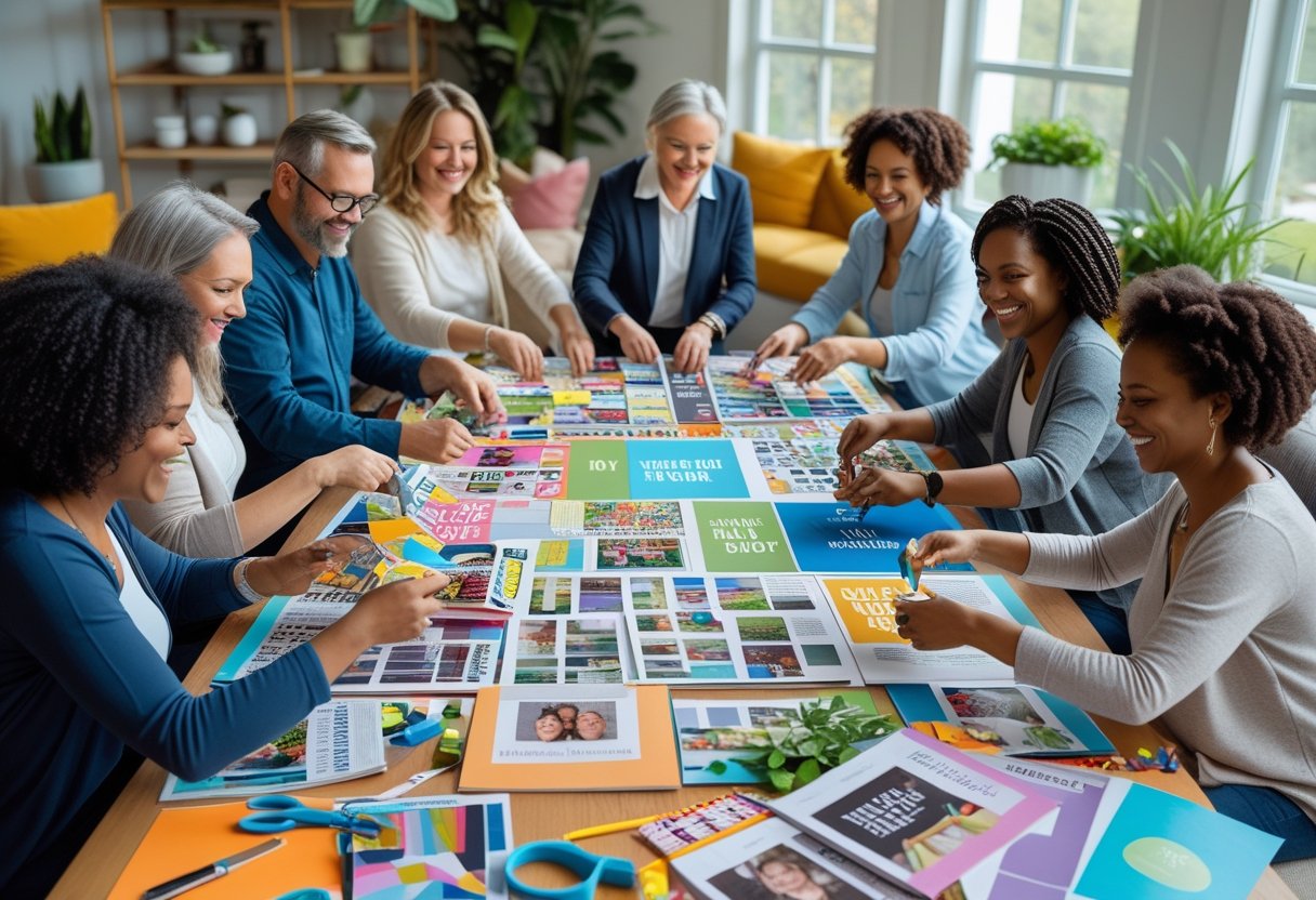 A group of people sitting around a table making vision boards with magazines and craft supplies.