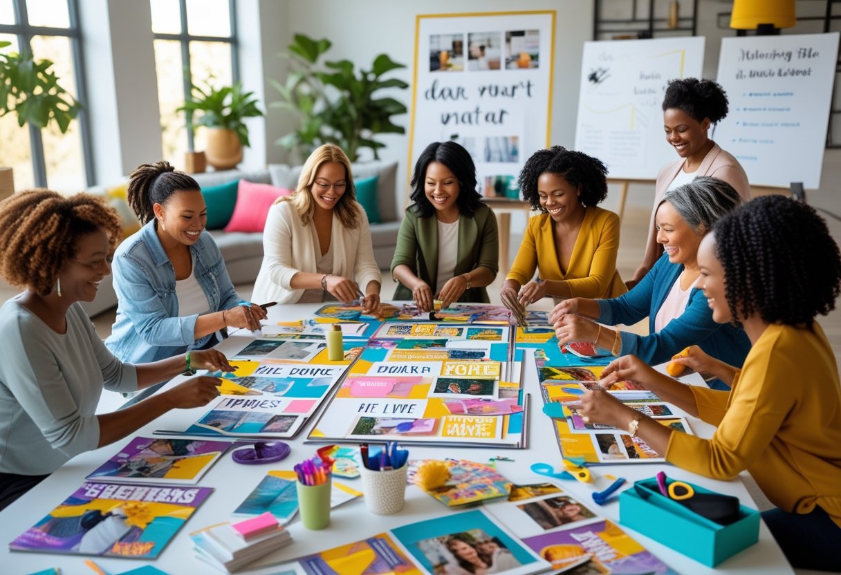 A group of people sitting around a table making vision boards with magazines and craft supplies in a bright room.