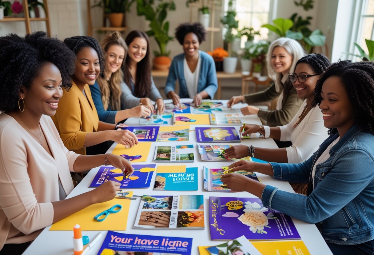 A group of women sitting around a table making vision boards with magazines and craft supplies in a bright, cozy room.