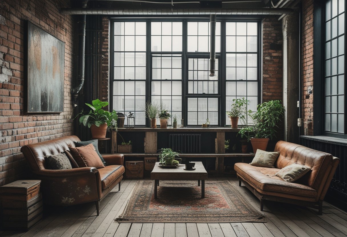 An urban apartment interior with exposed brick walls, a vintage leather sofa, wooden floors, and large windows letting in natural light.