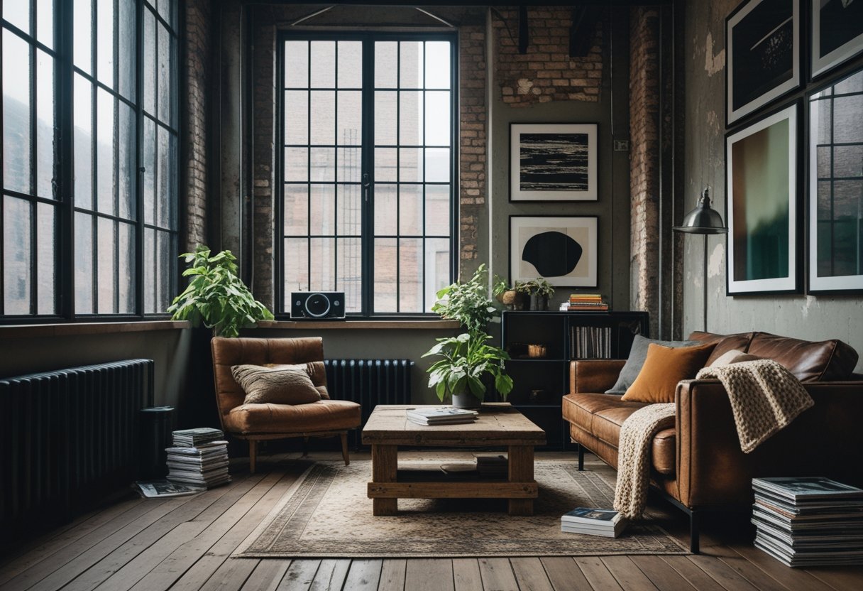 An urban apartment interior with exposed brick walls, a leather sofa, wooden floors, and large windows letting in natural light.