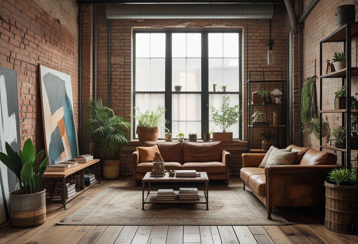 Interior of an urban apartment with exposed brick walls, a leather sofa, wooden floors, and natural light coming through large windows.