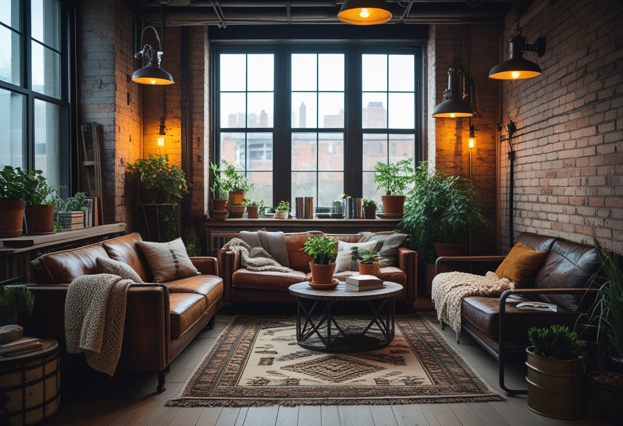 Interior of a cozy apartment with exposed brick walls, vintage lighting, and eclectic furniture, featuring plants and personal items on display.