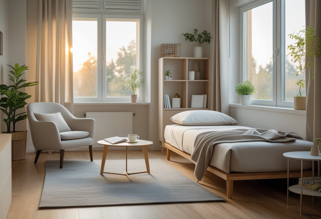 A cozy, modern apartment interior with a single armchair, coffee table, bed, bookshelf, and natural light coming through large windows.