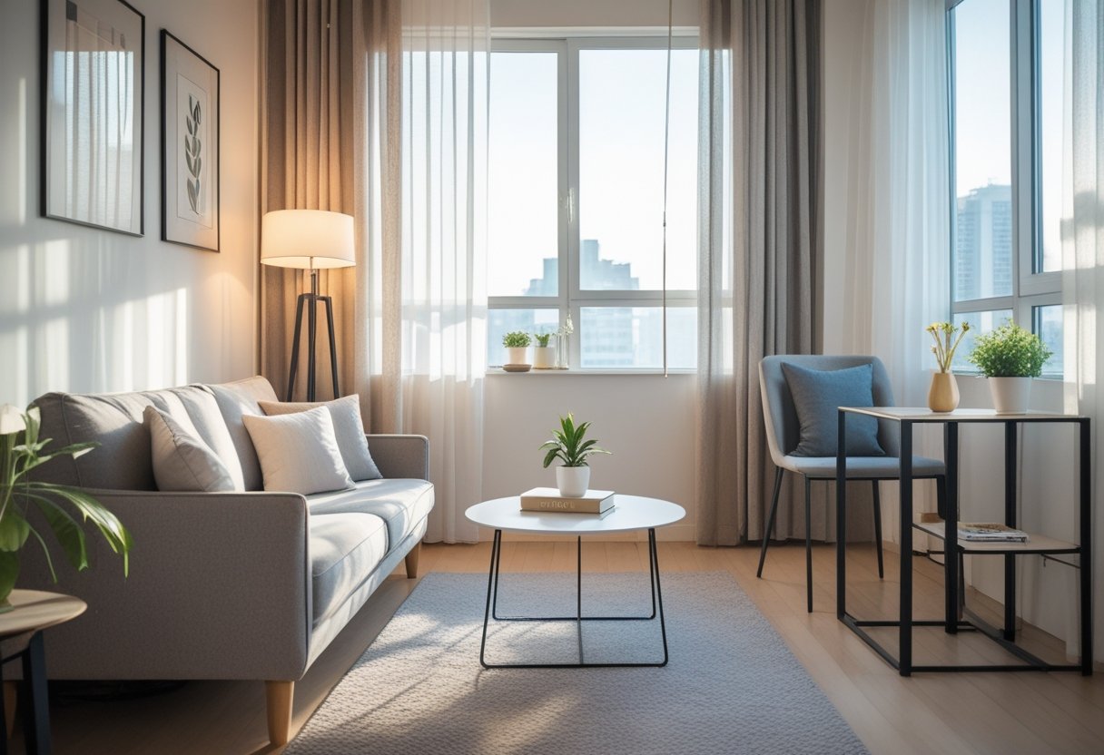 A bright, modern apartment living room arranged for a single occupant with a sofa, coffee table, plants, and large windows letting in natural light.