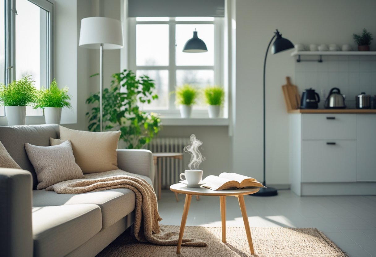 A bright, cozy solo apartment living area with a sofa, coffee table, indoor plants, and a kitchen in the background.