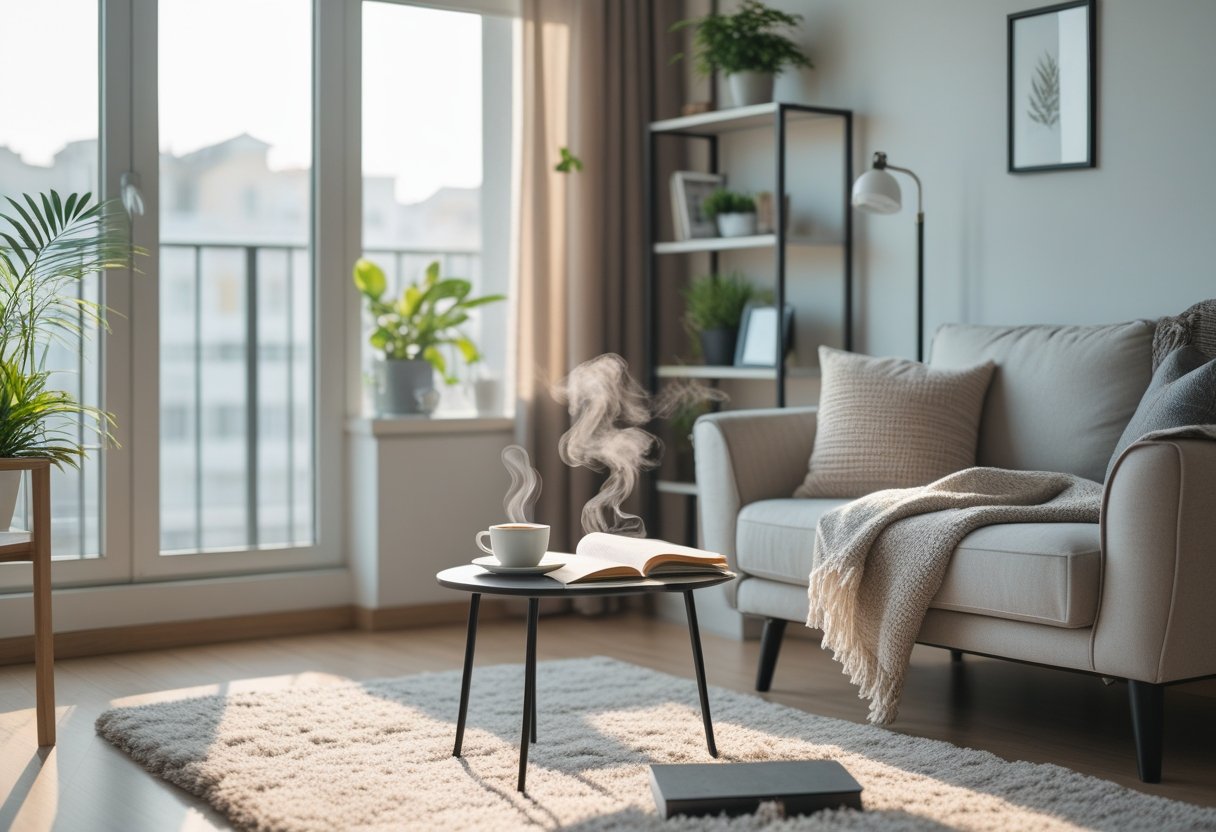 Sunlit modern apartment living room with a sofa, coffee table with coffee and book, bookshelf with plants, and cozy decor.