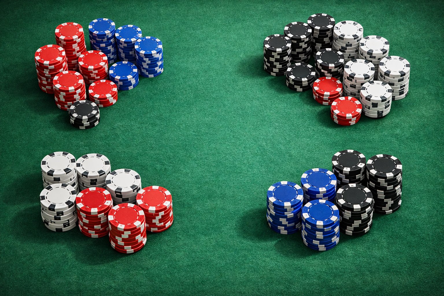 Top-down view of a poker table showing neatly stacked poker chips in various colors arranged around the table.