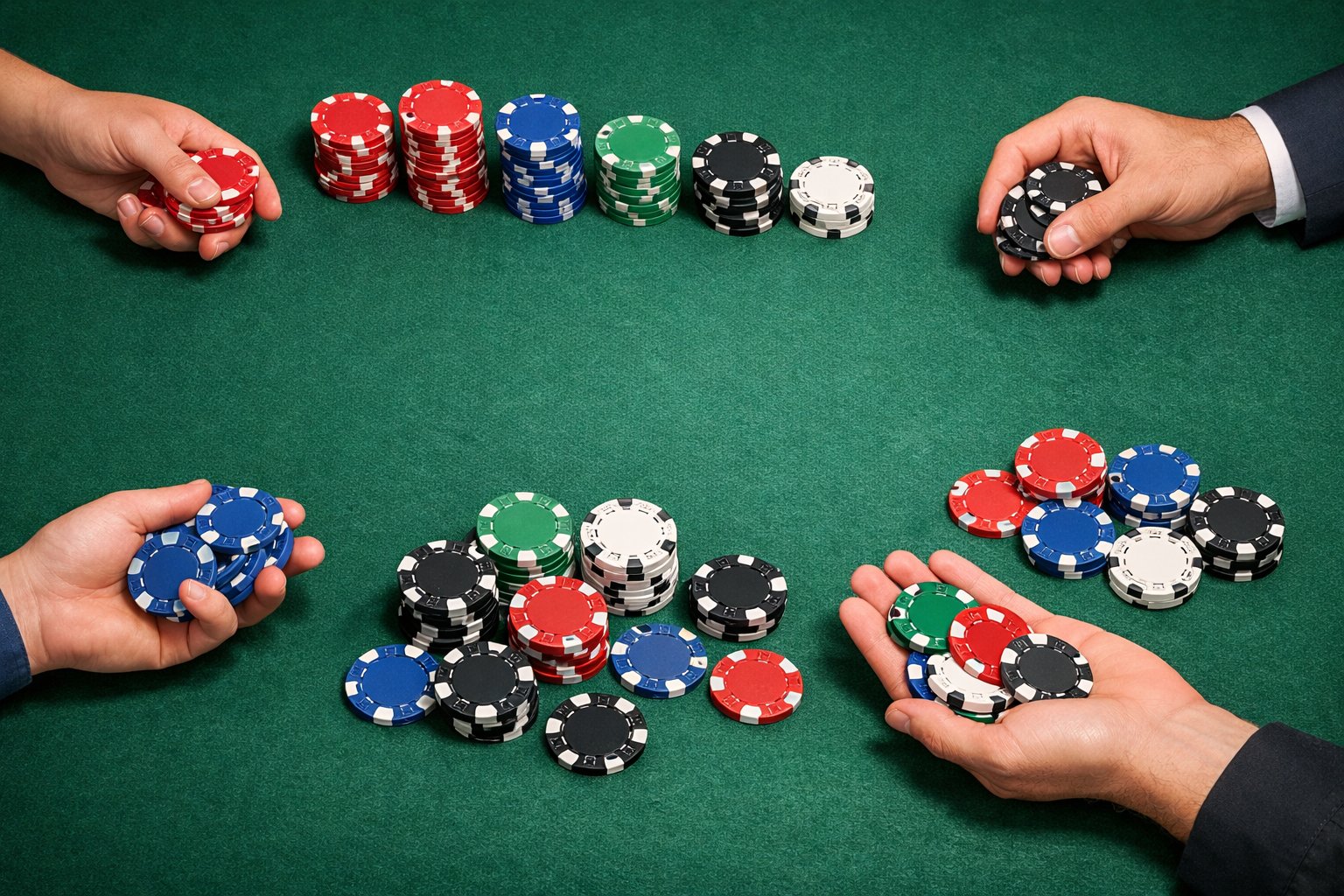 Overhead view of a poker table with stacks of colorful poker chips distributed among players around the table.