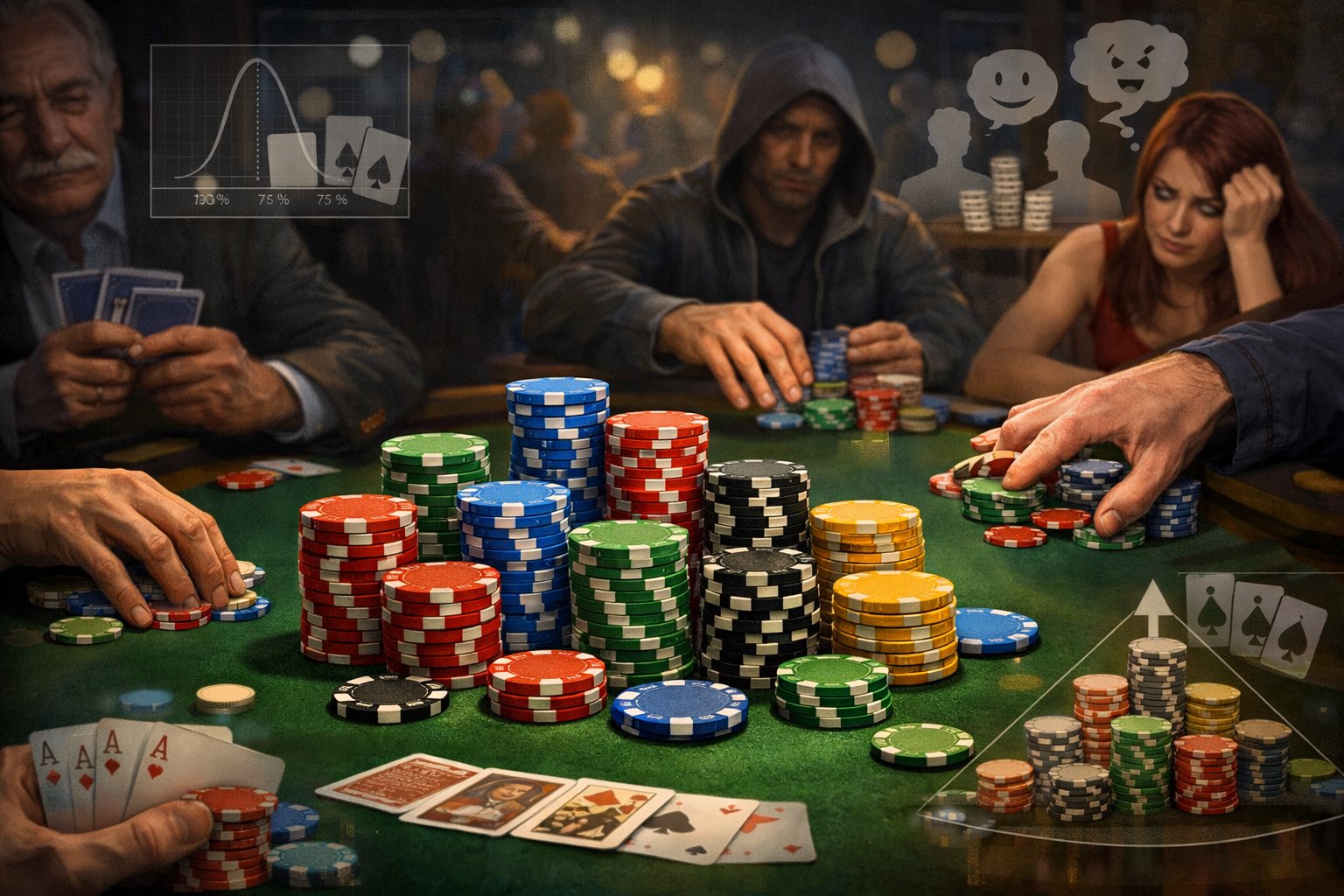 A poker table with stacks of colorful chips and players exchanging chips during a game.