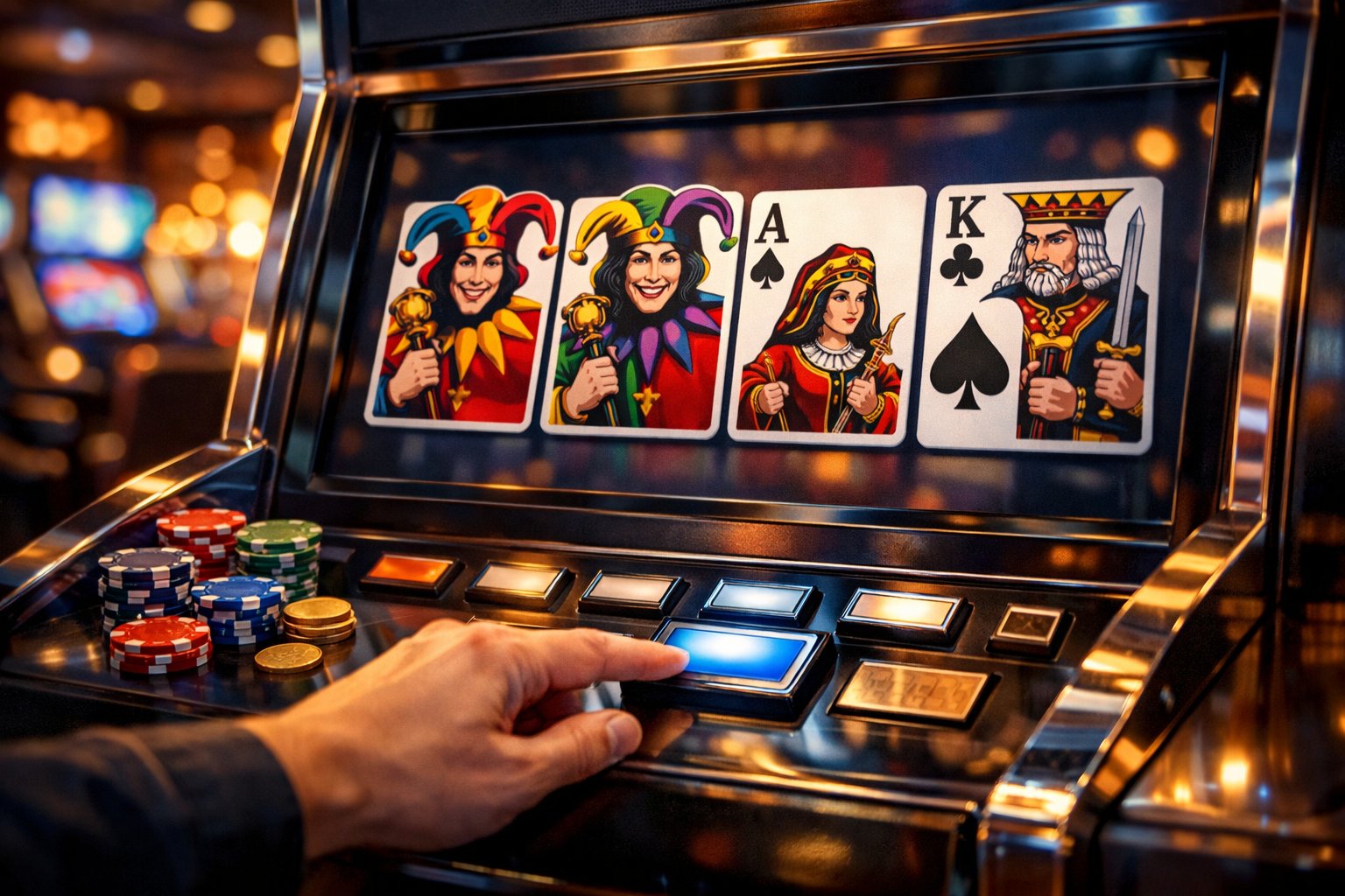 A casino scene featuring a video poker machine displaying a hand of cards including two jokers, with poker chips and a player's hand interacting with the machine.
