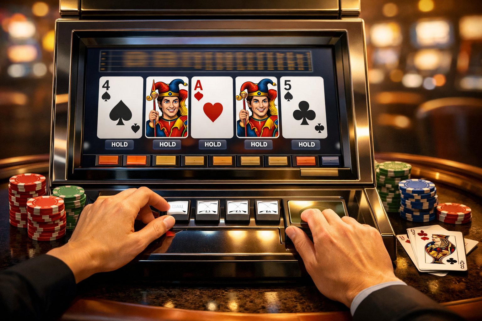 A casino video poker machine showing a poker hand with two jokers and a player's hands interacting with the game.