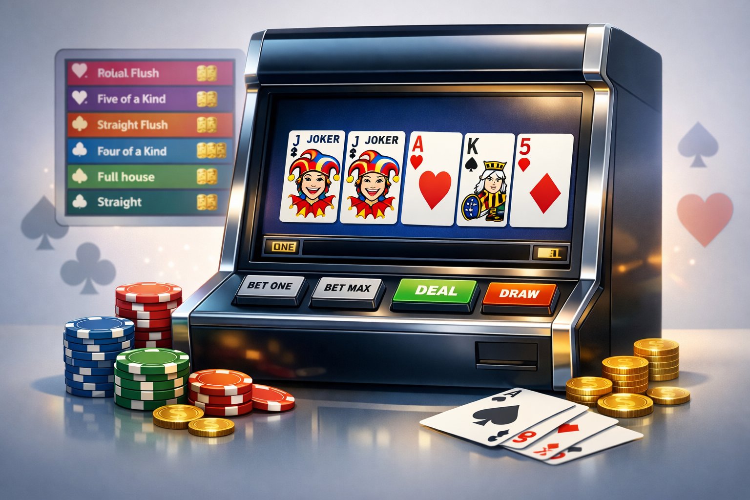 A video poker machine showing a hand of playing cards with two jokers, poker chips, and a paytable chart in the background.