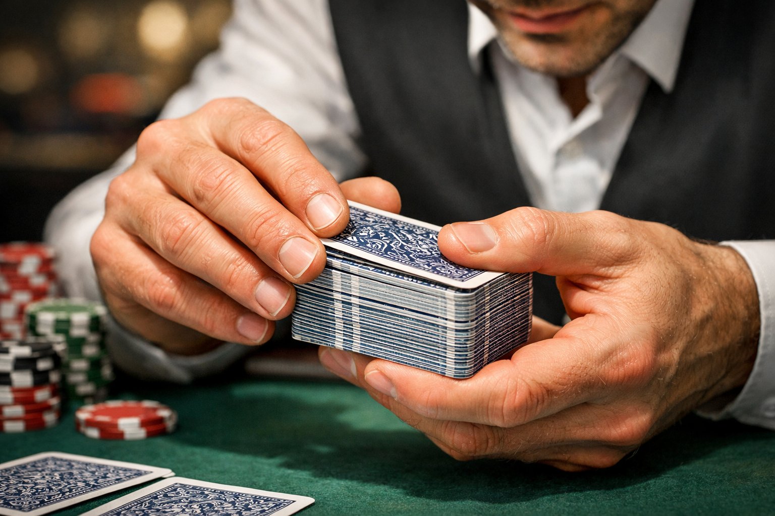 Close-up of a dealer's hands sorting playing cards by subtle edge differences on a casino table with chips nearby.