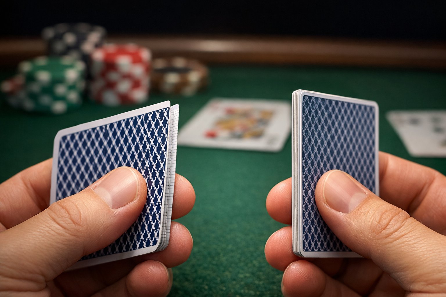 A hand holding a playing card showing a distinct edge pattern, with another card nearby on a casino table.